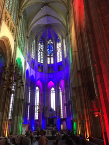 903334 Interieur van de Domkerk (Domplein) te Utrecht, in regenboogkleuren in het kader van de actie ...